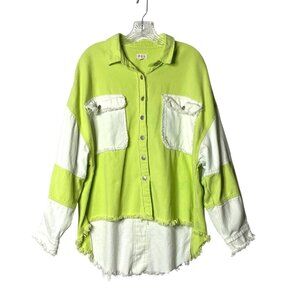 POL Lime Green White Color Block Distressed Denim Shirt Jacket Oversized Size M